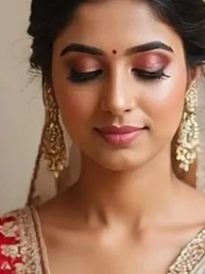 The definition of elegance. This soft glam makeup features flawless skin, beautifully defined eyes, and a neutral lip color that complements her traditional attire.