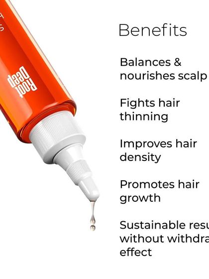 The benefits of Root Deep Hydroil include balancing the scalp, fighting thinning, improving hair density, and promoting sustainable hair growth.