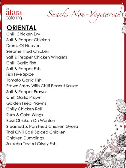 A duplicate of our Oriental non-vegetarian snacks menu, reinforcing the wide variety of delicious options we offer, from Chilli Garlic Fish to Basil Chicken on Wonton.