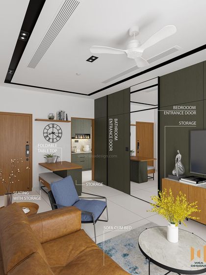 An annotated image explaining the space-saving features of the Nano Home, including the foldable table, sofa-cum-bed, and concealed doors.