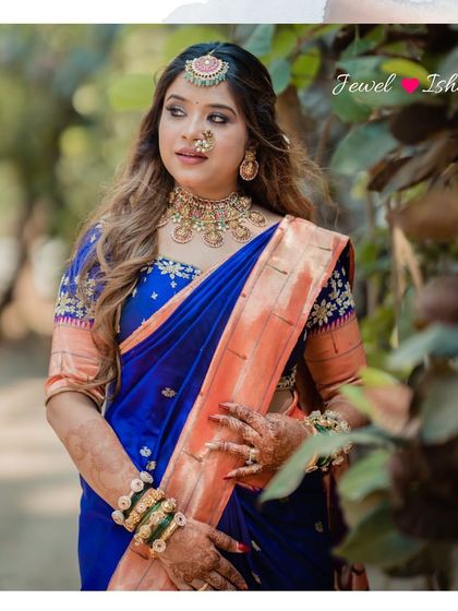 A beautiful three-quarter portrait of the bride, showcasing her complete traditional ensemble.