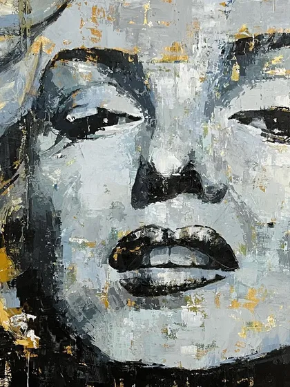 This monochromatic portrait of Marilyn Monroe, created with a palette knife, explores a different side of the icon. The heavy textures and shades of grey and gold give it a contemplative and almost sculptural quality.