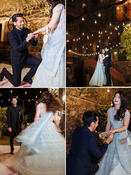 A collage capturing the story of a proposal, from the groom getting on one knee to the joyful aftermath.