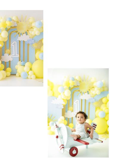 A collage showing the 'before' portrait and the full themed setup. This gives clients a wonderful idea of how a complete themed birthday session looks in my studio.