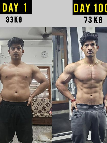 From 83 kg to 73 kg in 100 days. This transformation of my client Deepak shows a dramatic reduction in belly fat and love handles, resulting in a lean, muscular midsection and improved overall definition.