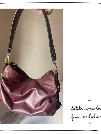 Latha from Vadodara showing the beautiful soft fall of her Petite Ana bag in Bordeaux leather. It's designed to be lightweight and slouchy.