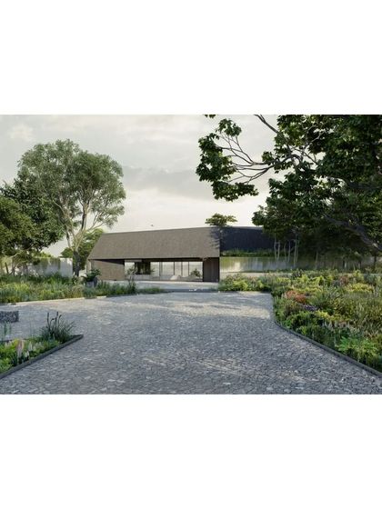 A rendering of the Himayatsagar Lakehouse, showing the approach through a lushly landscaped forecourt. The building's bold, dark form sits quietly within the natural environment.