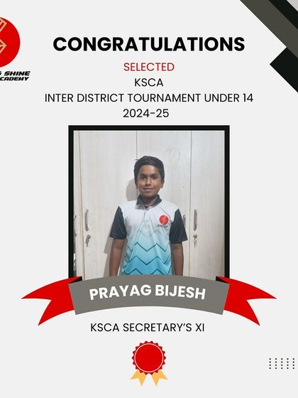 A proud moment! My talented leg-spinner, Prayag Bijesh, was selected to play for the Secretary XI in the KSCA Inter-District U-14 Tournament. Congratulations!