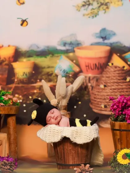 A wide view of the Hundred Acre Wood theme, with the baby bee sleeping in a bucket. This setup is perfect for fans of Winnie the Pooh.