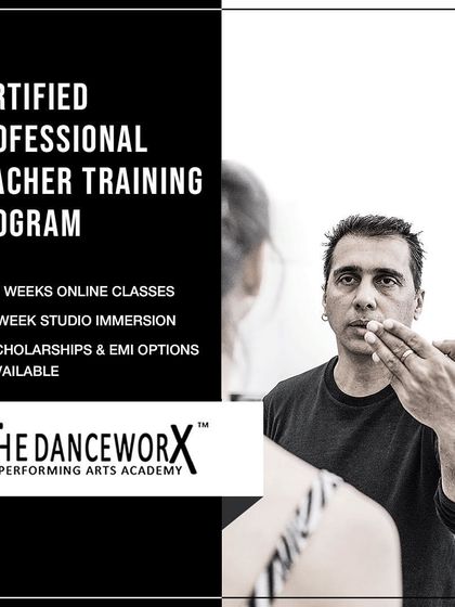 A promotional graphic for our Certified Professional Teacher Training Program. This unique course includes 12 weeks of online classes and a 1-week studio immersion, designed to upgrade dancers into certified teachers with industry-recognized credentials.