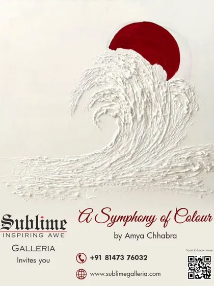 Invitation for 'A Symphony of Colour' by Amya Chhabra at our UB City gallery. The artwork's textured wave is beautifully highlighted in the design.