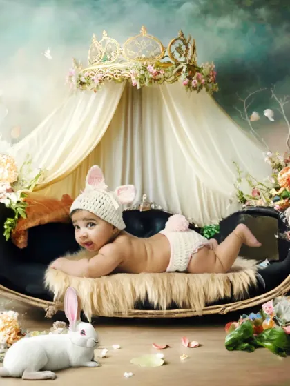 I create elaborate, dream-like setups to make your child's photoshoot truly magical. This royal bunny theme shows the level of detail and creativity I bring to each session, whether at my studio or your home.