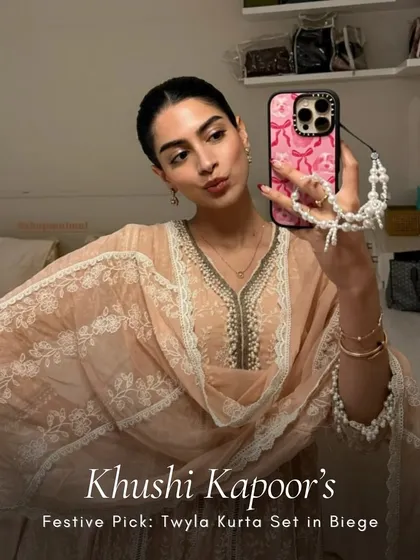 Khushi Kapoor's festive pick: a mirror selfie in the Twyla Kurta Set in Beige. It's the perfect inspiration for your next festive look.