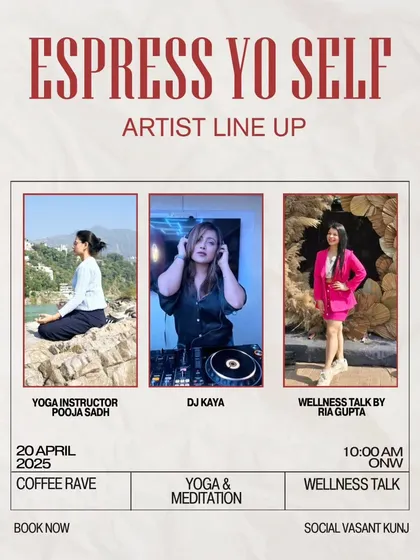 An announcement for a past event, "Espress Yo Self," where I combined yoga and meditation with a wellness talk and music. I love creating unique wellness experiences.