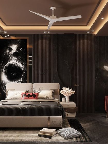 The Youthful Retreat. For this stunning bedroom, we used timeless color blocking and vertical paneling to make a bold statement. The space-themed artwork adds a touch of cosmic wonder.