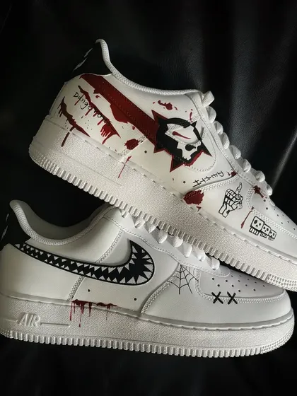 A pair shot of the bloody Halloween custom sneakers.