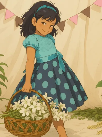 Another one of my Ghibli-inspired illustrations, this time featuring the blue polka dot dress. It captures the charming and whimsical essence of my designs.