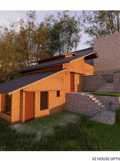 A 3D render of the V2 House in Katteri, designed for a hillside plot. This option shows a structure that uses random rubble masonry and terraced levels to humbly negotiate the steep terrain and blend with the natural setting.