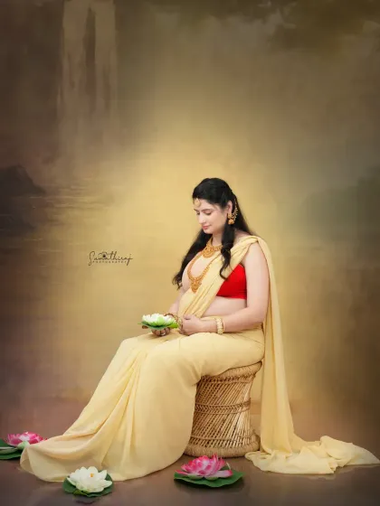 Another beautiful angle of the mother-to-be in a yellow saree, holding a lotus flower. The painterly background and soft lighting enhance the artistic and ethereal quality of the shot.
