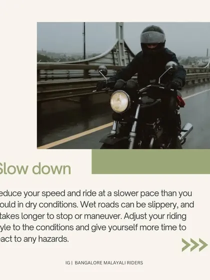 Our guide to riding safely in the rain. We advise riders to slow down, wear appropriate waterproof and reflective gear, maintain a safe distance, stay visible, and use smooth, gentle controls to maintain stability.