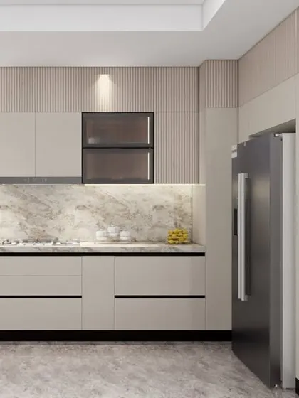This 3D design is identical to ID 12, showcasing a sleek, modern kitchen layout with integrated appliances and a balanced color scheme.