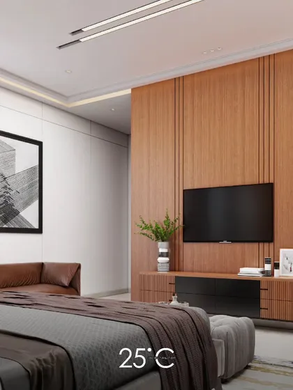 This bedroom design uses a warm and natural palette, with a wood-paneled feature wall for the entertainment unit. The clean lines and simple forms create a comfortable and modern space that feels like a private retreat.
