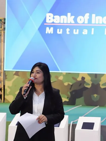 A wider view of the stage setup for the Bank of India product launch, showing a professional and branded environment.