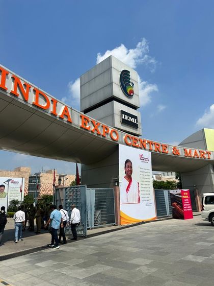 The entrance to the India Expo Centre & Mart, the venue for the UP International Trade Show 2023, where we proudly showcased our 'Make in India' products.