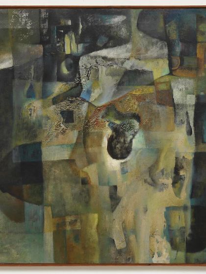 'Synchoptic Formula (Cityscape)' by Bikash Bhattacharjee, a 1965 oil on canvas demonstrating his unique style evolved from blending classical and alla prima methods.