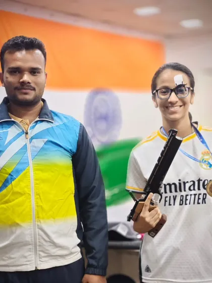 Veyanka with her coach, Aditya Rastogi, after her gold medal win. The partnership between a student and coach is key to achieving greatness.