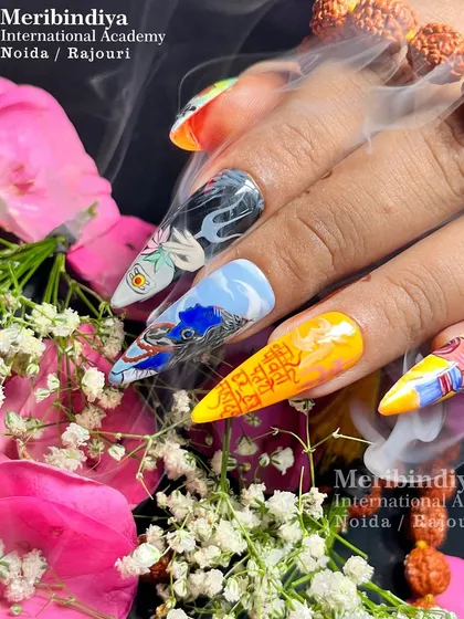 A full view of the Mahadev-inspired nail art set. Each nail tells a part of the story, from the Trishul and Om symbols to the Sanskrit calligraphy, all created with precision techniques.
