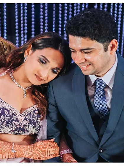 P Y A A R. A romantic moment from Vidhi and Ameya's reception. Her makeup is soft yet glamorous, perfect for the occasion.