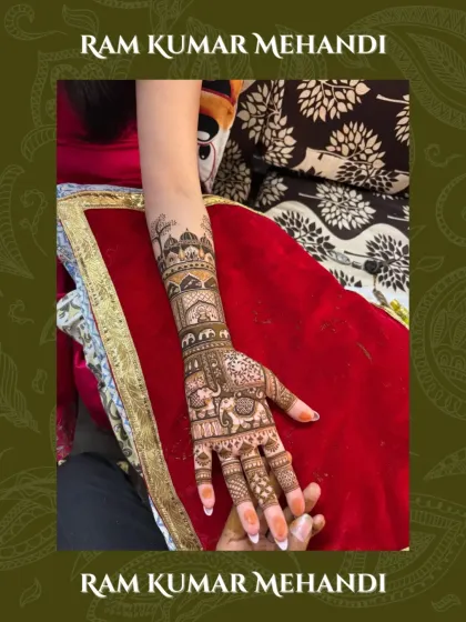 A complete bridal arm design featuring a mix of traditional motifs like elephants, palaces, and intricate jaali work.