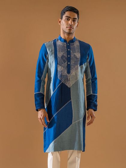 A full-length view of the two-toned blue kurta, celebrating the vibrant cultures of our nation with its unique design and color blocking.