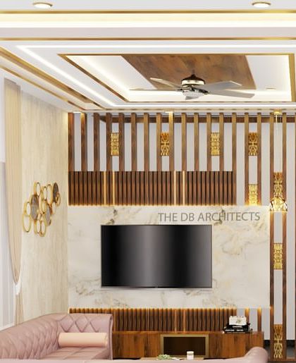 A duplicate of 82, this render focuses on the detailed design of the TV wall with its blend of wood, marble, and brass.
