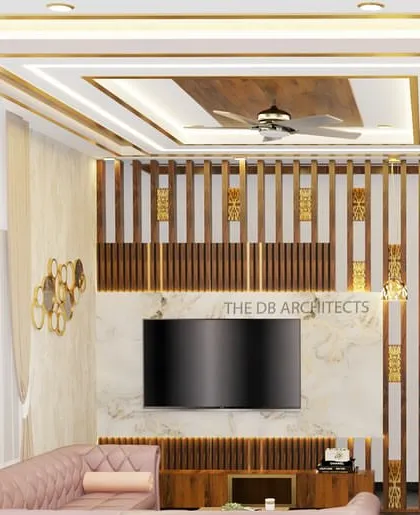 This is a 3D render of a living room I designed, showing how a combination of brass, wood, and marble can create a luxurious feel. The design includes a custom TV unit with vertical wooden slats and a statement false ceiling with integrated profile lighting.