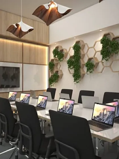This 3D render shows a conference room concept designed for functionality and inspiration. The space includes an integrated media wall, while the hexagonal wall shelves with live plants add a touch of nature, creating a calm and focused environment for meetings.