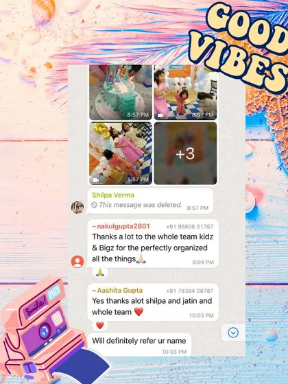 A screenshot of appreciative WhatsApp messages from clients after their event, thanking the whole team for a perfectly organized party.