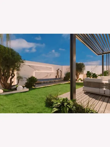 A duplicate of image 24, emphasizing the balance between the manicured garden and the comfortable lounge space.