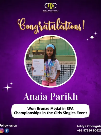 Another proud moment for Anaia Parikh, who won a Bronze Medal in the Girls Singles tennis event at the SFA Championships, showcasing her multi-sport talent.