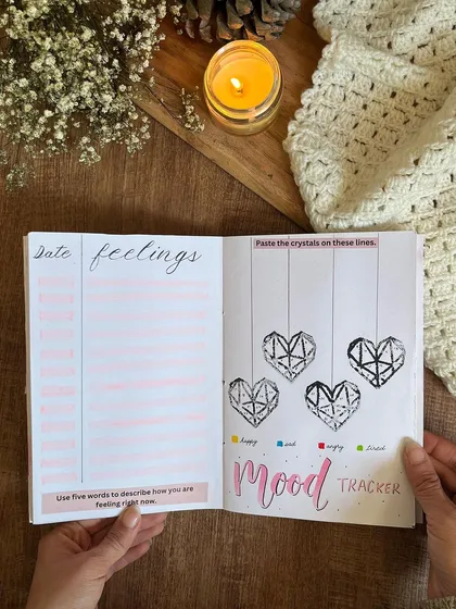 A mood tracker page from the custom journals. I included guided pages like this to help them navigate their feelings during a big life change.