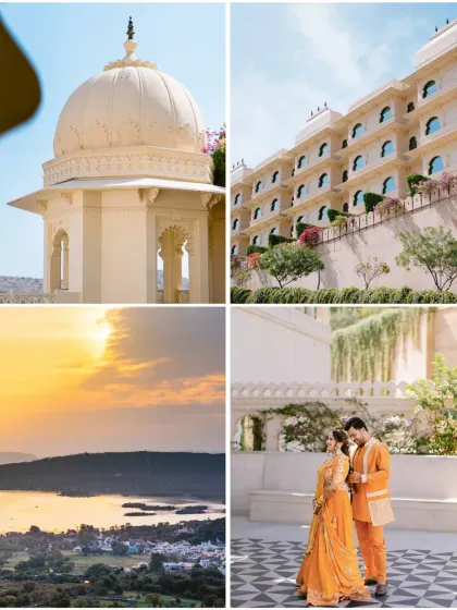 A collage capturing the beauty of Udaipur, from the architectural details of the palace to the serene sunset over the lake, setting the scene for a royal wedding.