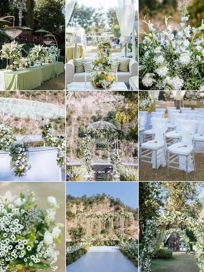 A collage showcasing the beautiful, all-white floral decor for a wedding ceremony set against the rustic, hilly landscape of Jim Corbett.