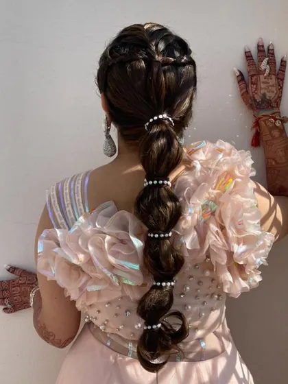 A playful yet intricate balloon ponytail is a fantastic choice for a Mehendi or Haldi function. I used pearl accessories to define each section, adding a touch of elegance to this fun hairstyle.