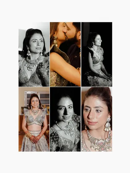A collage of a bride-to-be from her Qawali night, featuring a mix of color and black and white portraits that capture her various expressions.