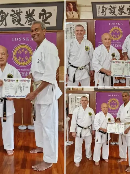 A collage celebrating the promotion of Sensei Jamal Measara to the rank of Hanshi, 9th Dan. This shows the path of lifelong dedication within our Seibukan community.