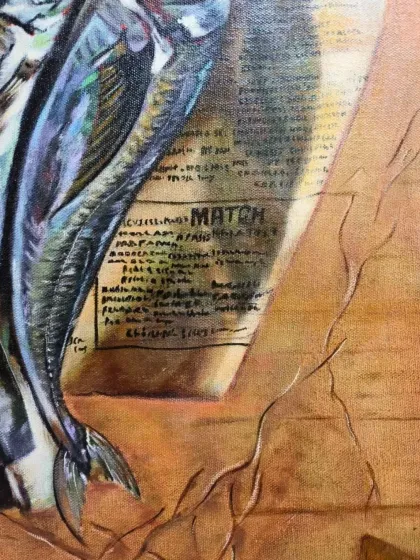 The composition of this realistic painting is just as important as the details. Here you can see how the artist balanced the textures of the fish, paper, and wooden background to create a cohesive scene.