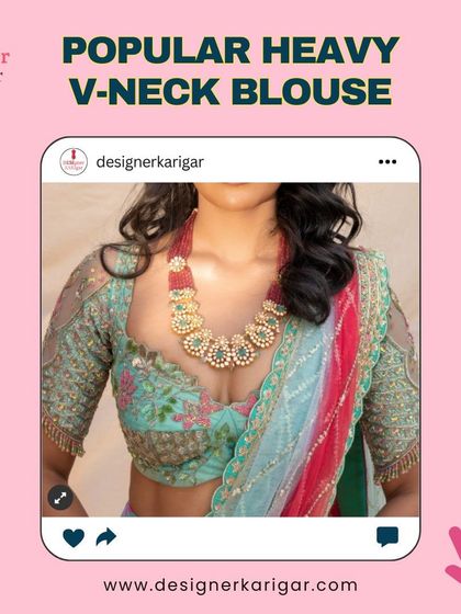 A beautiful V-neck blouse in pastel green and pink tones. The intricate floral embroidery and beadwork make it a work of art.