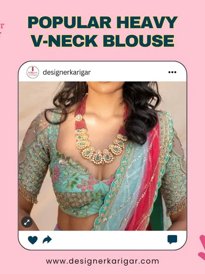 A beautiful pastel green V-neck blouse with floral embroidery. The soft colors and detailed work make it a sophisticated choice.