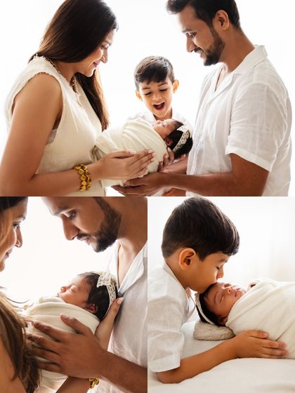 A collage showcasing a family of four, including the big brother's excited reaction and gentle kiss for his new sibling.